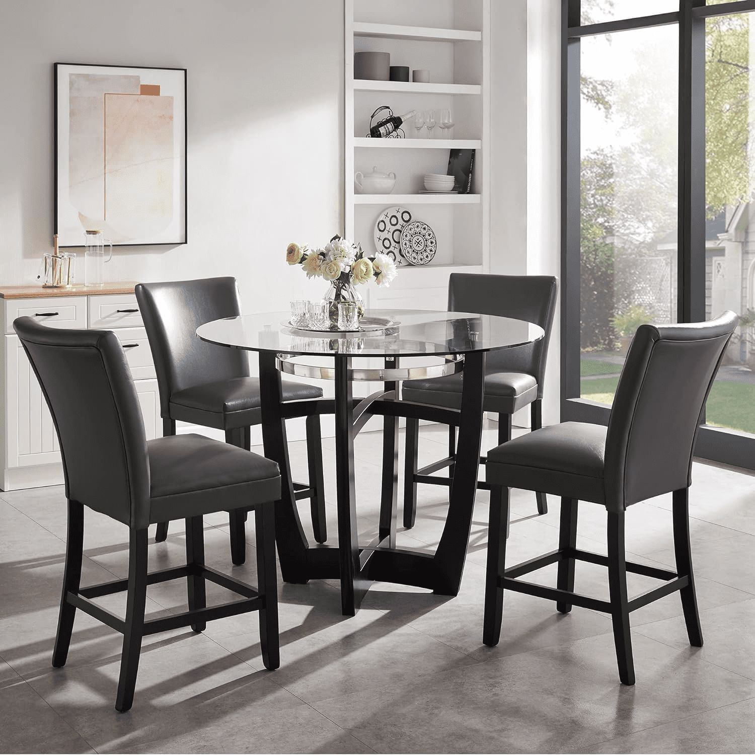 BAXMUY Set of 4 Counter Height Bar Stools, 25.6" Seat, Grey, Solid Wood & Faux Leather Bar Chairs for Kitchen Island & Home Bar