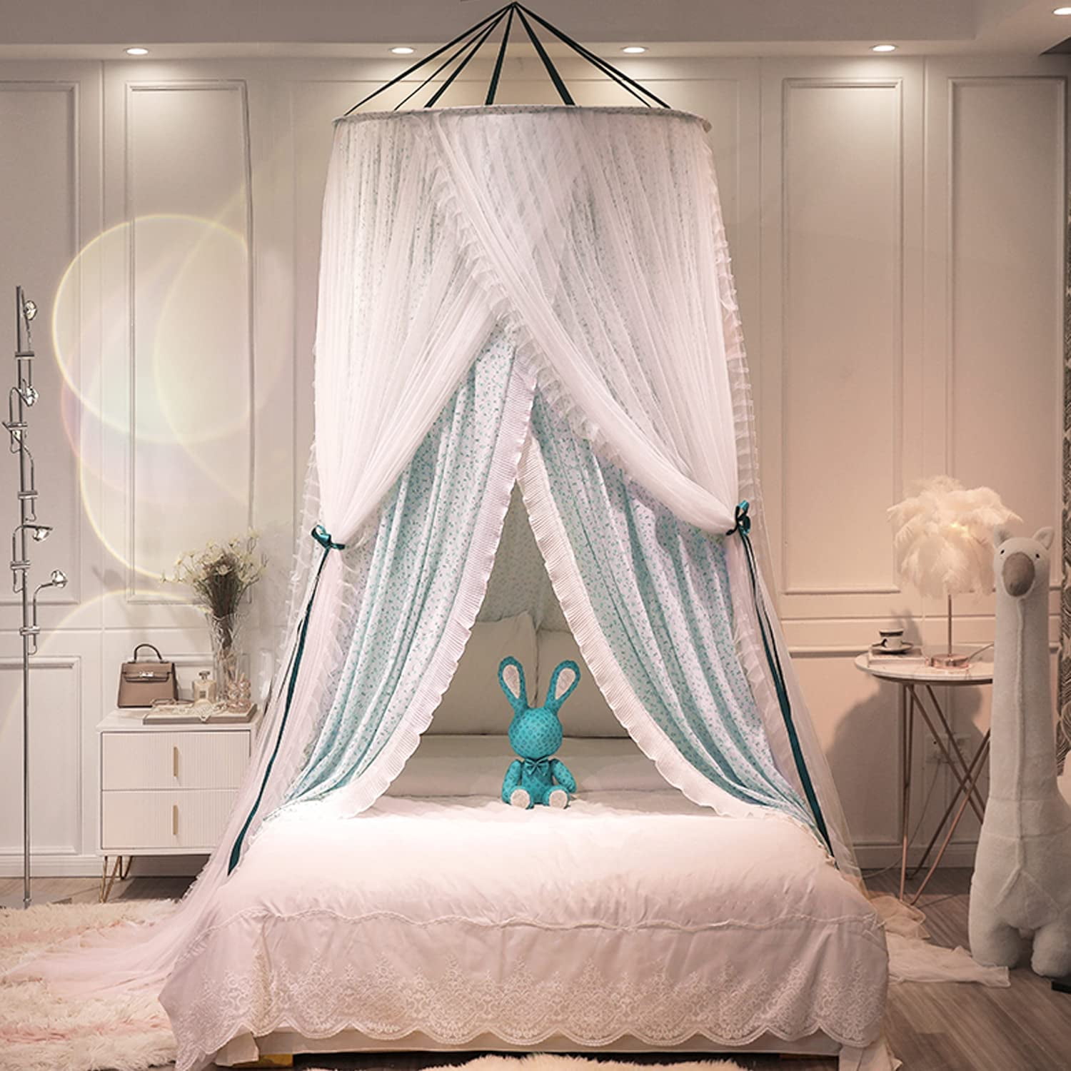 Luxurious Bed Canopy for Girls & Adults, Large Elegant Double Layer Bed Curtain Canopy Drapes, Round Dome Lace Princess Canopies Netting (Fresh)