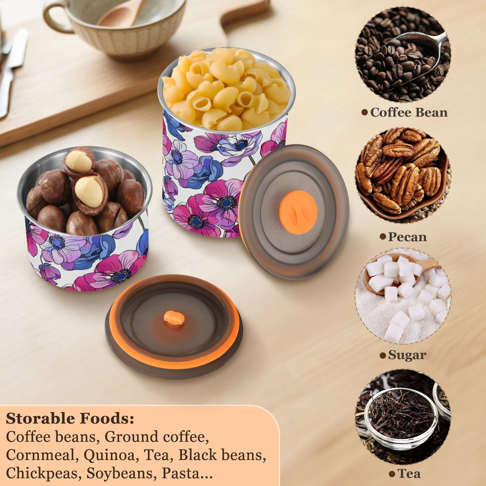 Anemone Flower Pink & Purple Airtight Coffee Bean Canister 30oz Food Storage Containers with Lids For Gournd, Tea, Sugar, Flour, Rice, Cereal, Candy Cookie Jar
