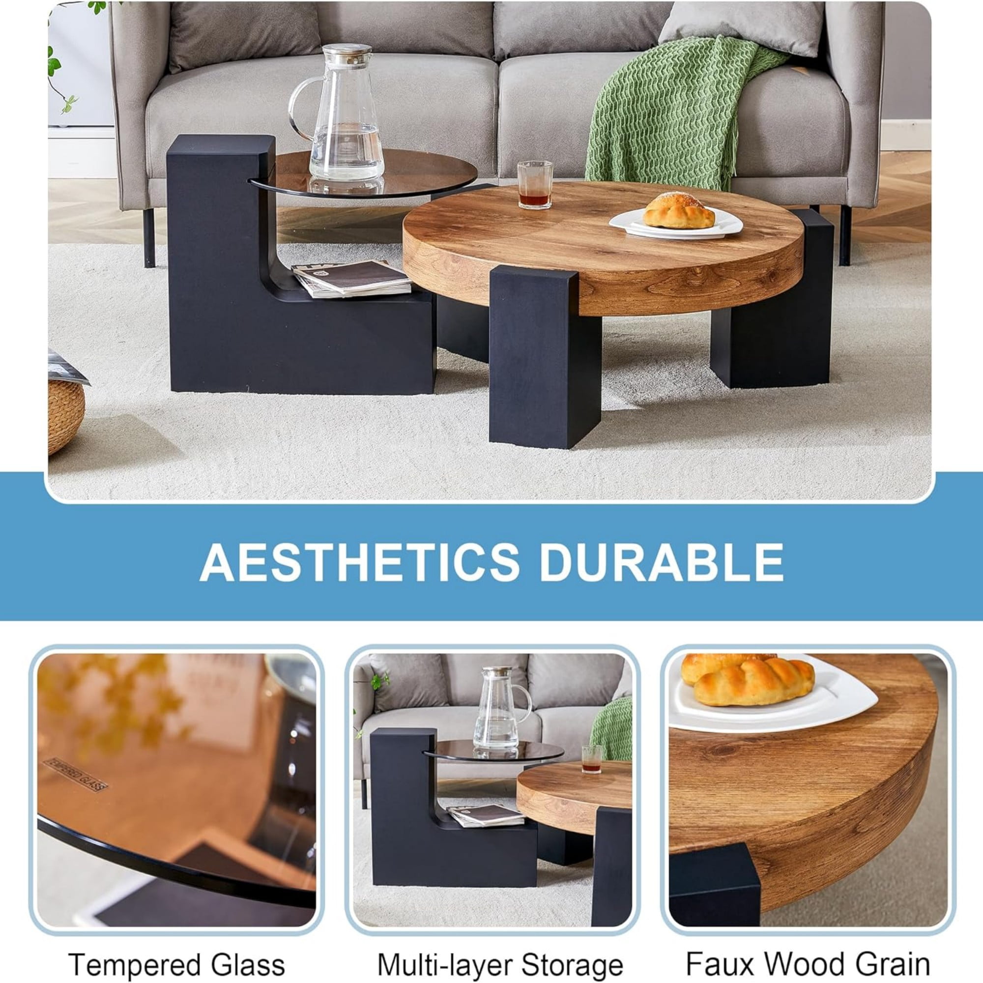 Sudica Detachable Double-decker Coffee Table 30" Round,Tea Table with Black Faux Marble Tabletop,Center Table for Living Room