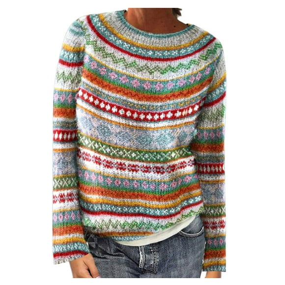 BVOFAR Fair Isle Sweaters for Women 2025 Vintage Round Neck Pullover Tops Casual Long Sleeve Knitted Sweater S-XXL