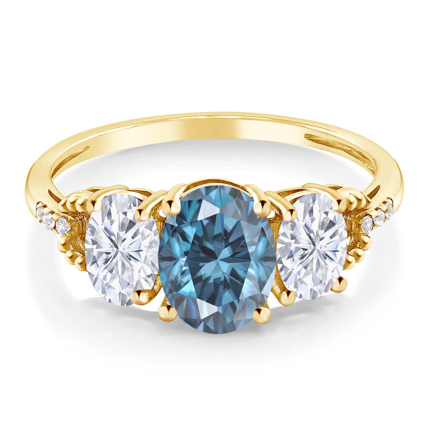 Gem Stone King 10K Yellow Gold Persian Blue Moissanite and White Moissanite and White Diamond 3-Stone Engagement Ring for Women (2.42 Cttw, Oval 8X6MM and 6X4MM, Gemstone Birthstone, Size 7)