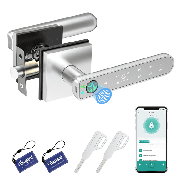 Foxgard Silver Fingerprint Door Lock with Keypad and Fingerprint, Keyless Entry Electronic Door Knob for Home, Easy to Install