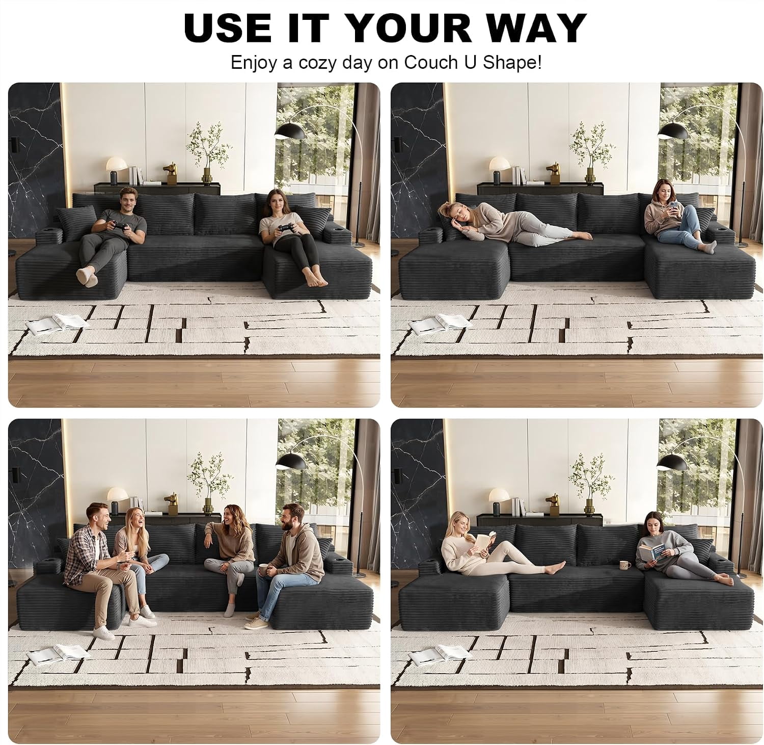 134" Compressible U Shaped Modular Sectional Sofa Set, Minimalist Corduroy Cloud Couch for Living Room, No Assembly Required