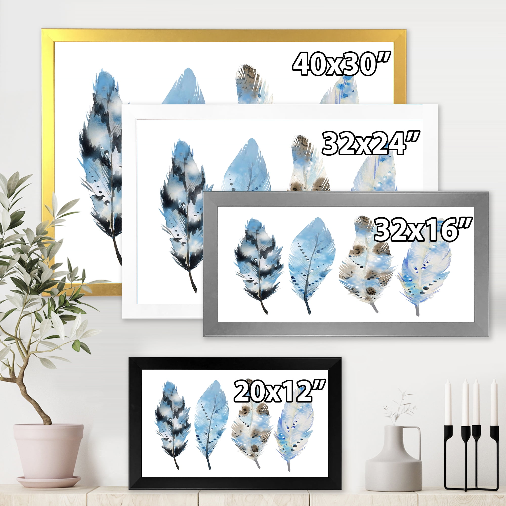 Designart 'Abstract Blue Boho Feathers I' Bohemian & Eclectic Framed Art Print