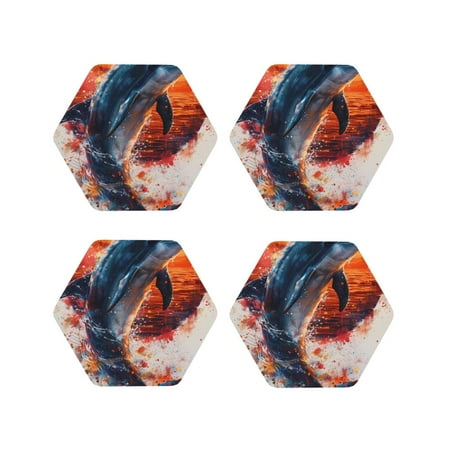

Matuu Sunset Ocean Watercolor Dolphin for Cup Coasters Set of 4 Leather Coasters Desk Coasters for Office Measures 4” x 4”-Hexagon
