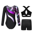 thumbnail image 2 of TiaoBug Kids Girls Gymnastics Leotard Dance Outfits Long Sleeve Rhinestone Bodysuit with Crop Top Short Black&Purple 6, 2 of 3