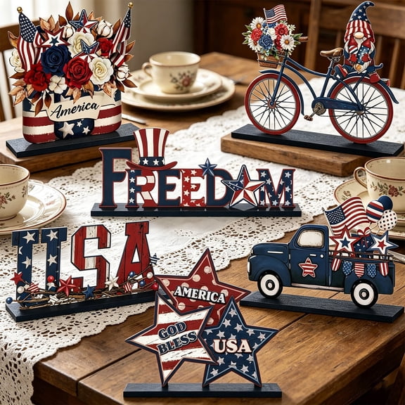 Eolstice 6 Pcs 4th of July Wooden Table Decor, Patriotic Wood Sign Tabletop Centerpiece, Rustic Wood Serving Platter For Independence Day Office Desk Home Kitchen