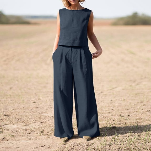 WCJM Blue Womens Large Plain Sleeveless Trousers Suit Cotton Linen Casual Long Sleeved Loose Cotton Suit