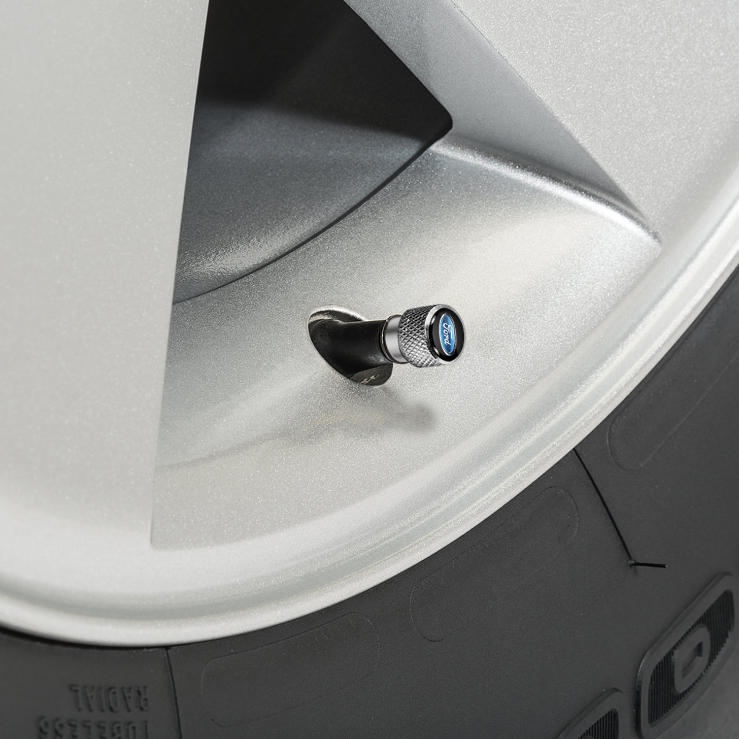 Ford F-150 in Black on Silver Chrome Aluminum Tire Valve Stem Caps