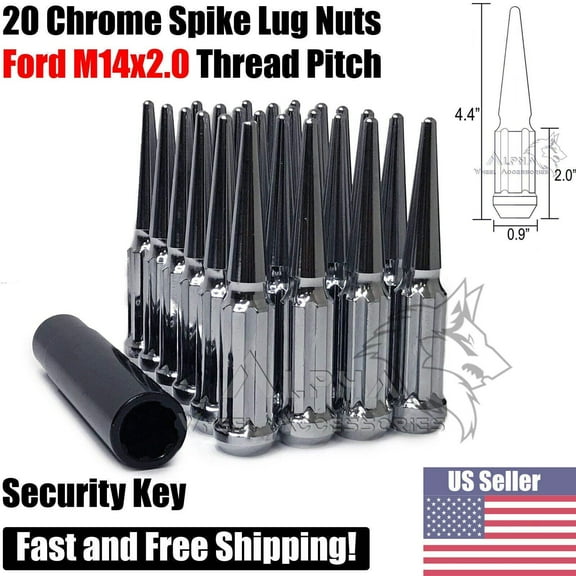 20 Chrome 14X2 Spline Spike Lug Nuts 4.4" For 5x135 Ford F-150 Expedition 14X2.0