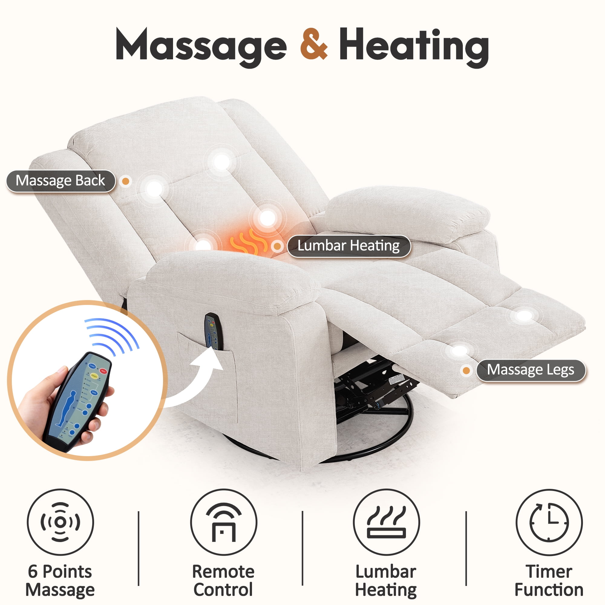 Korser 360°Swivel Rocker Recliner with Massage and Heating,Rocker Recliner Chair for Adults with Side Pockets Nursery Glider Recliner for Living Room,Chenille,Beige