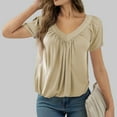 thumbnail image 6 of MIXUE Boho Tops For Women Summer Solid Color V Neck Short Sleeve Casual T-shirts Activewear,Beige,L, 6 of 8