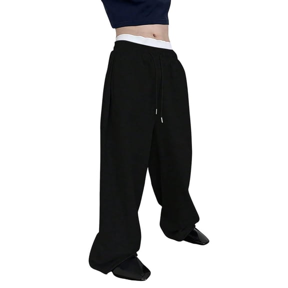 HOWPAY Men's Sweatpants Cotton Athletic Lounge Casual Pants with Pockets Wide Leg Elastic Waist Drawstring Solid Color Stretchy Sweat Pants Black L