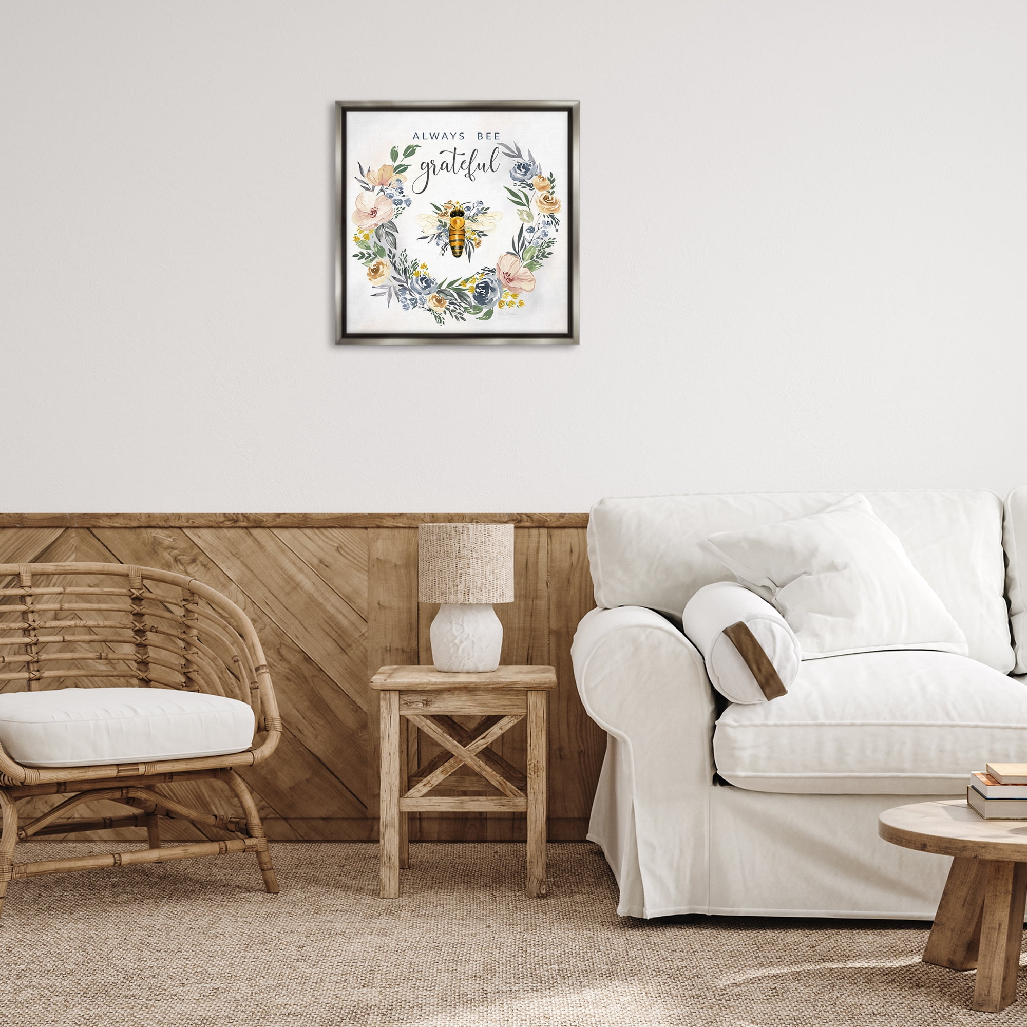 Stupell Industries Country Bee Grateful Botanical & Floral Painting Gray Floater Framed Canvas Art Print Wall Art, 25 x 25
