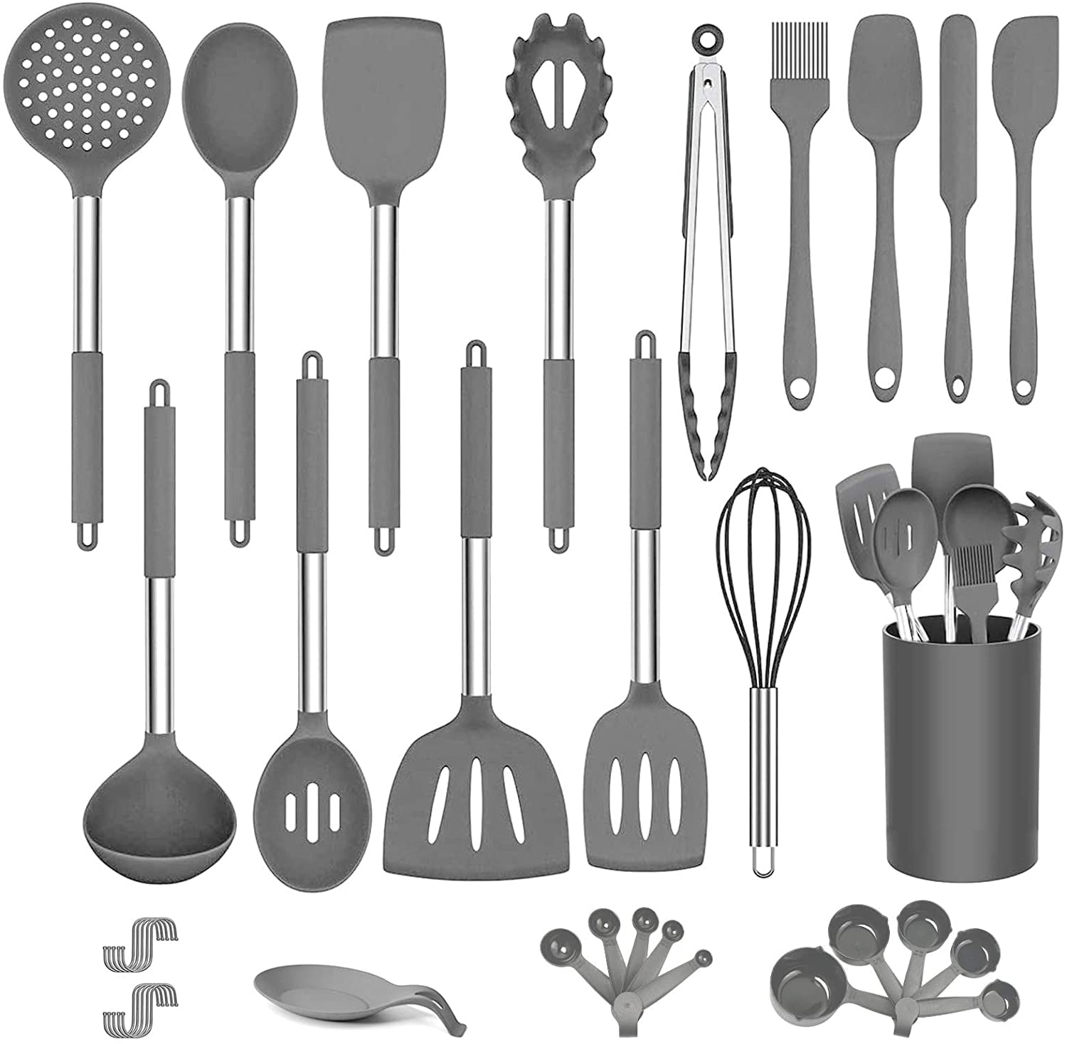 Kitchen Utensil Set,36PCS Silicone Cooking Utensils with Holder,Heat-Resistant Non-Stick BPA-Free Stainless Steel Handle Silicone Spoons Spatula Turner Whisk Tongs Measuring Cups Cooking Tools Set 