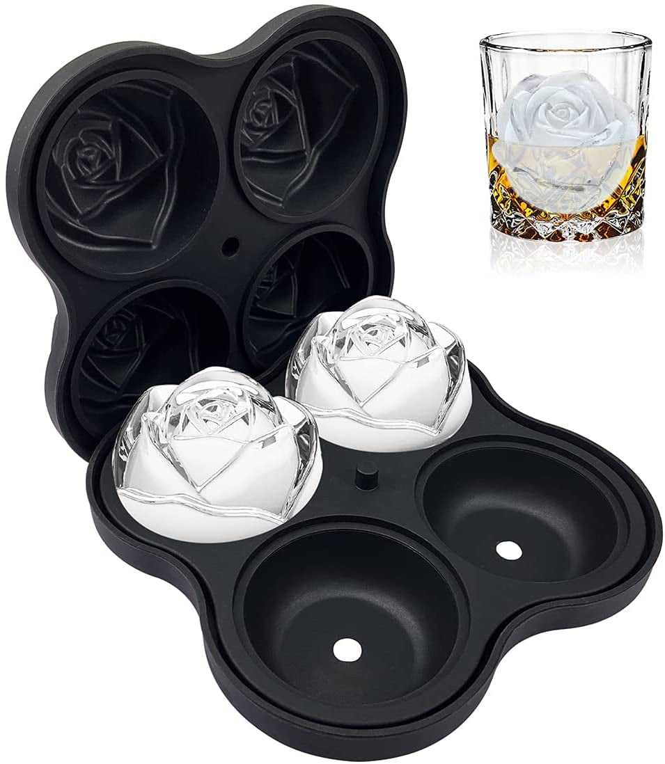 Best for Water Rose Ice Tray BPA-Free 4 Cells Rose Shape Ice Cube Mold Whiskey Covered Rose Ice Cube Moulds Ice Ball Maker Mold Cocktail and Other Drink