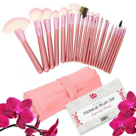 Professional Makeup Brushes, 22 Piece Set, Pink, Vegan, with Comfortable Plastic Handles, Great for Precision Makeup & Contouring, Includes Free Case, By Beauty (Best Vegan Makeup Brushes)