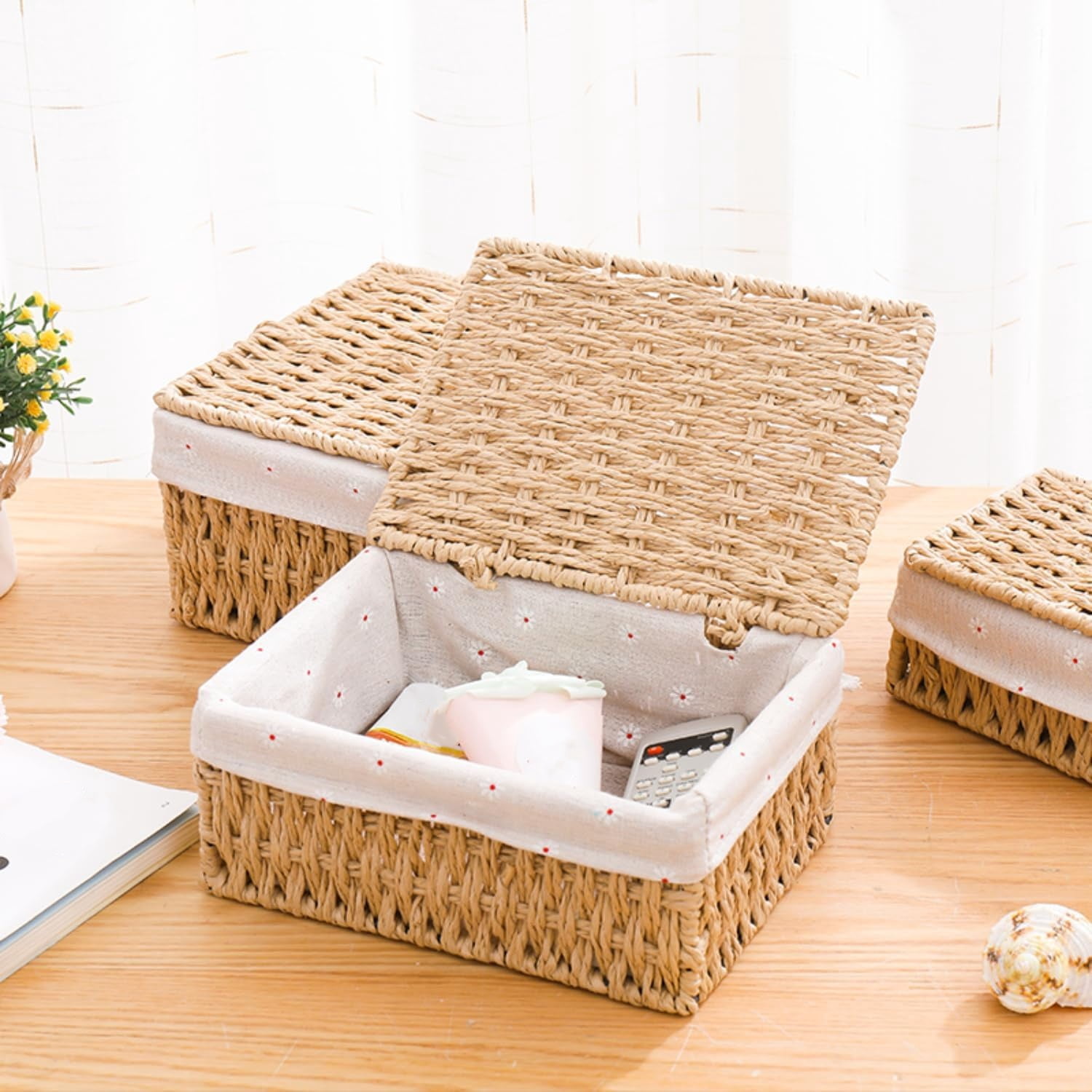 Small Storage Baskets with Lid, Kvago Set of 3 Size Storage Box, Paper Rope Storage Bin with Removable Liner and Metal Frame for Toys Cosmetics Bedroom Closet Desk Organizer (Beige)