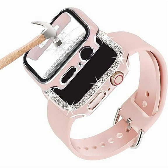 Compatible For Apple Watch Band With Case 38mm 40mm 41mm 42mm 44mm 45mm 46mm, Soft Silicone Waterproof Band   Diamond and Screen Protector Case For iWatch Series 11/10/9/8/7/6/5/4/3/2/1 & SE3 SE2 SE