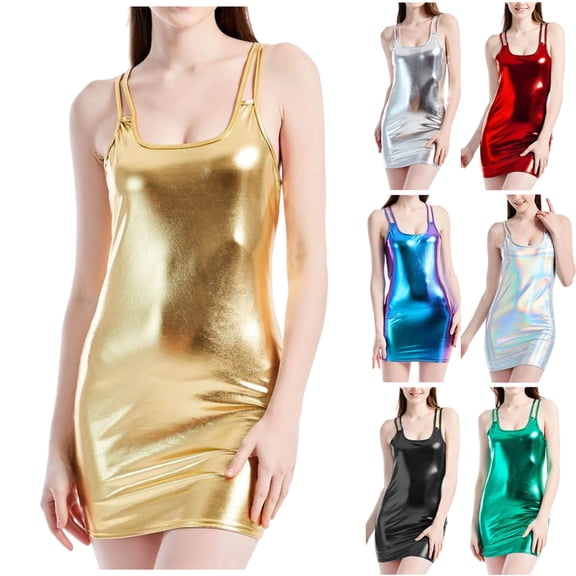 Antinious Women Solid Crewneck Strap Backless Bodycon Patent Leather Bright Midi Airy Soft Summer Modern Dresses
