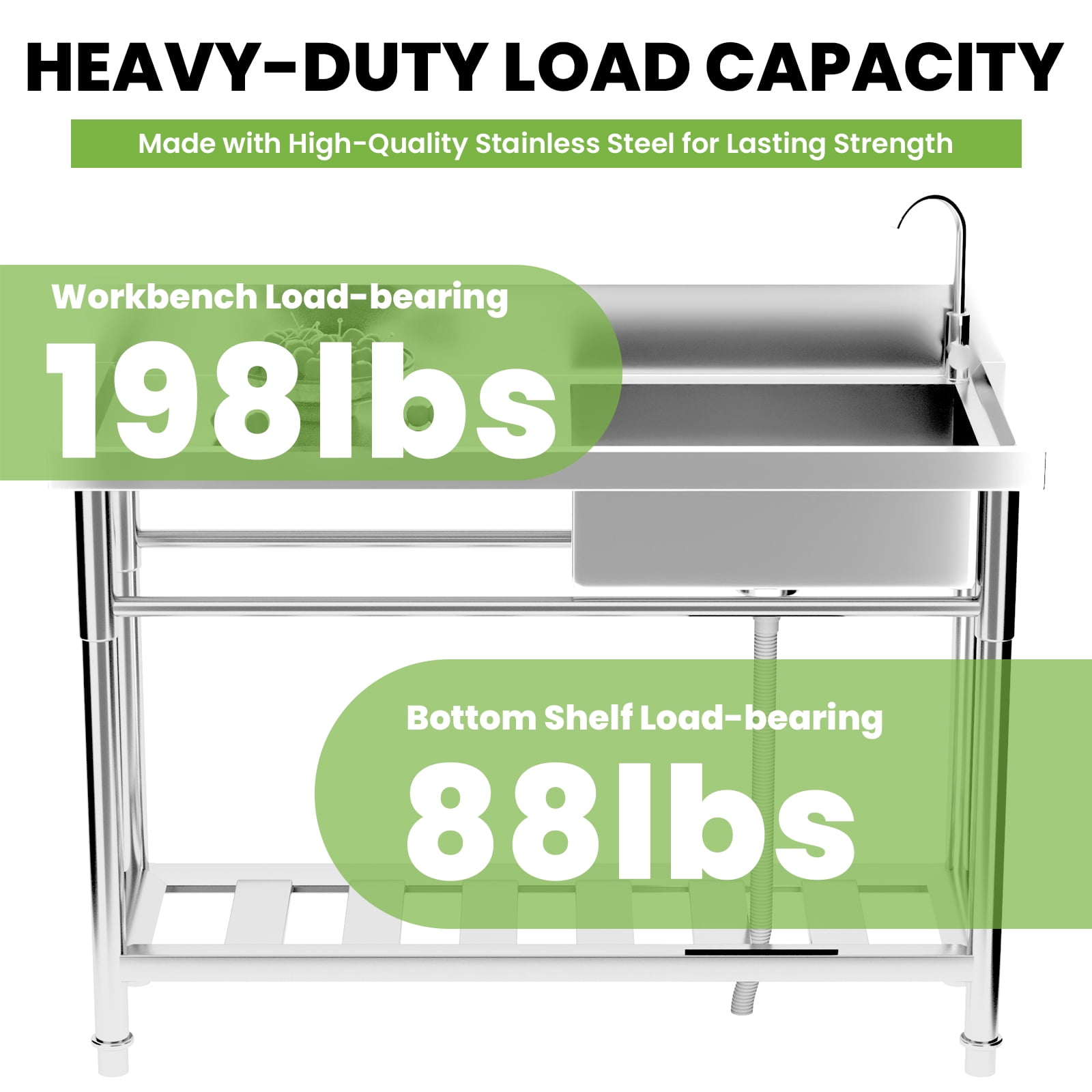 304 Free-Standing Commercial Sink, Freestanding Single Bowl Utility Sink with Workbench, Stainless Steel Utility Sink for Laundry, Farmhouse & Outdoor Use