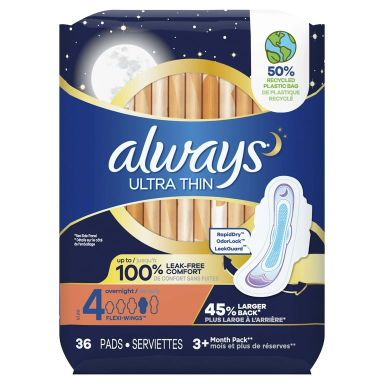 Always Ultra Thin Overnight Pads with Wings, Size 4, Overnight Absorbency, 36  Count 