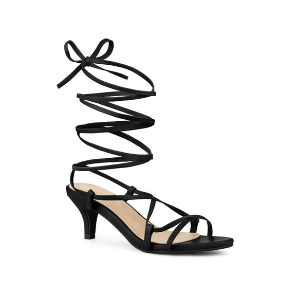 BLISSFUL STEP Women's Strappy Lace Up Kitten Heels Sandals Black (Size 6)