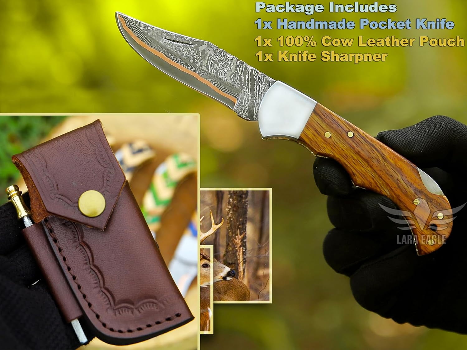 Copper Damascus Pocket Knife – Rose Wood Handle, Folding Hunting Knife with Leather Sheath & Sharpener – Ideal for Tactical, Survival, and Camping Use