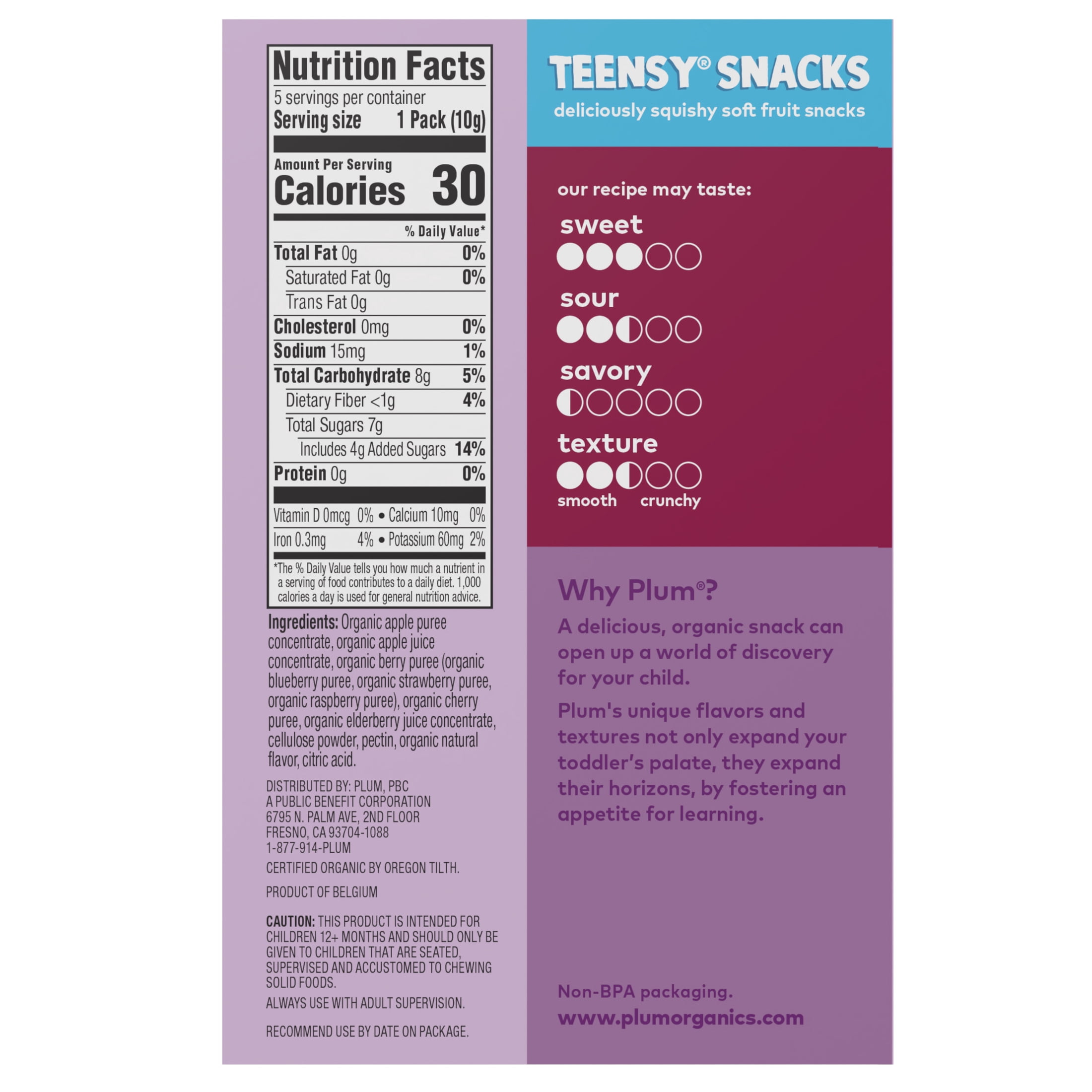 (4 pack) Plum Organics® Tots Teensy® Snacks Mixed Berry Soft Fruit Snacks 5-Count Box/.35oz Pouch