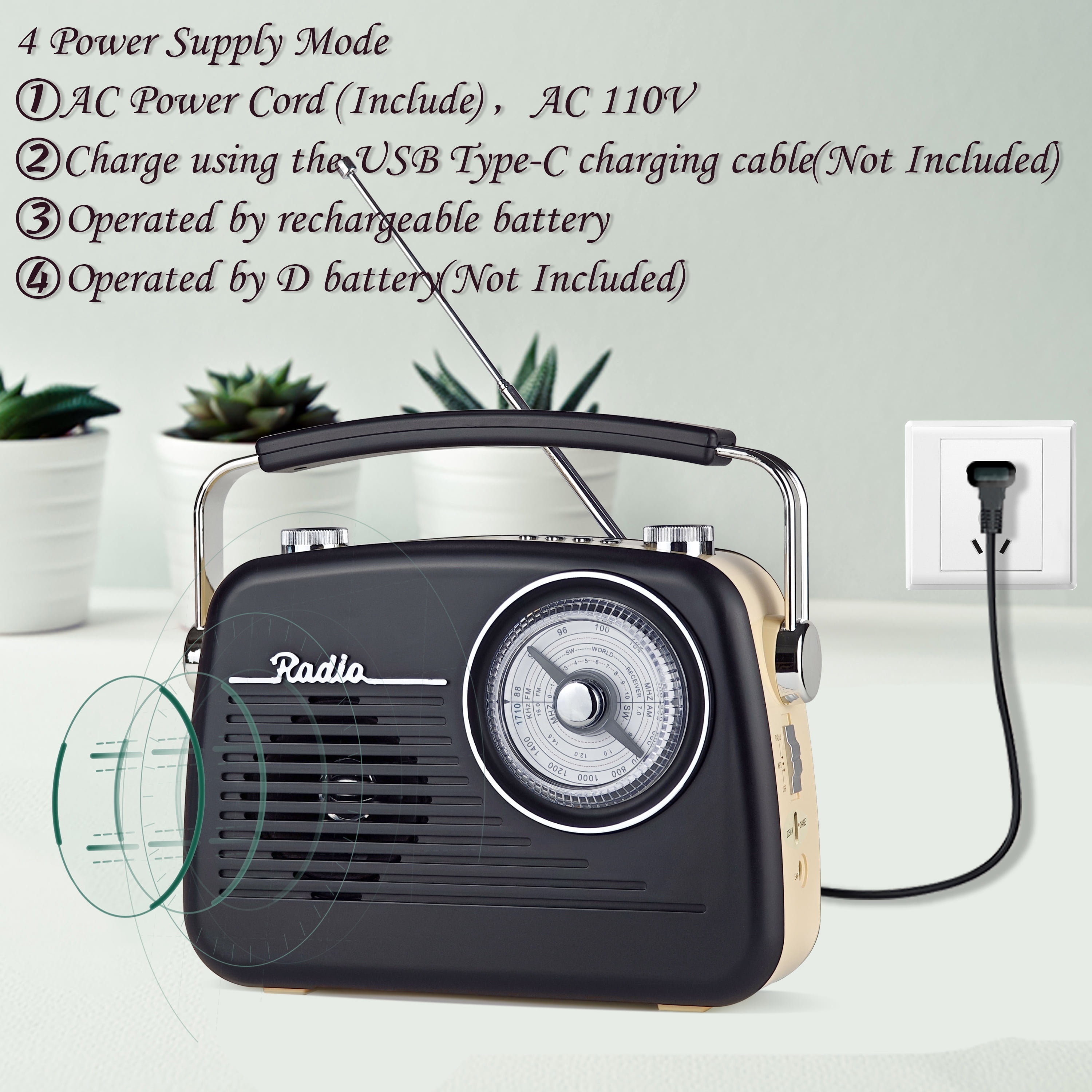 Portable AM FM Shortwave Vintage Radio Multifunctional Bluetooth Speaker 4 Power Options 5W Speaker TWS Stereo Plug-in Wall/Type-C Charging Emergency Radio for Home Outdoor Camping(Black)