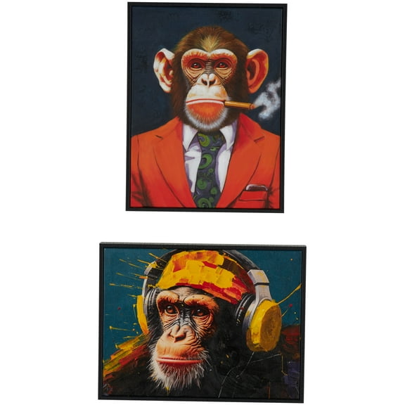 13" x 17" Business Monkey Framed Wall Art with Cigar and Headphones, by DecMode (2 Count)