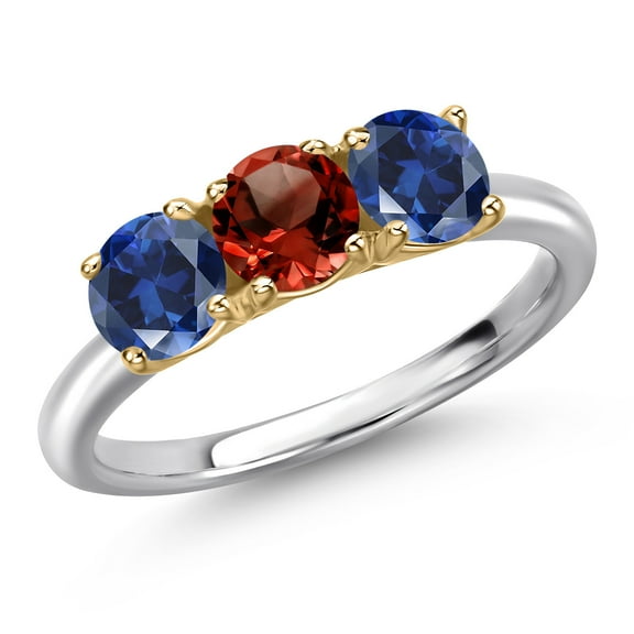 Gem Stone King 10K Two Tone Gold Red Garnet and Blue Created Sapphire Engagement Ring for Women | 1.75 Cttw | Round 5MM | Gemstone January Birthstone | Size 9