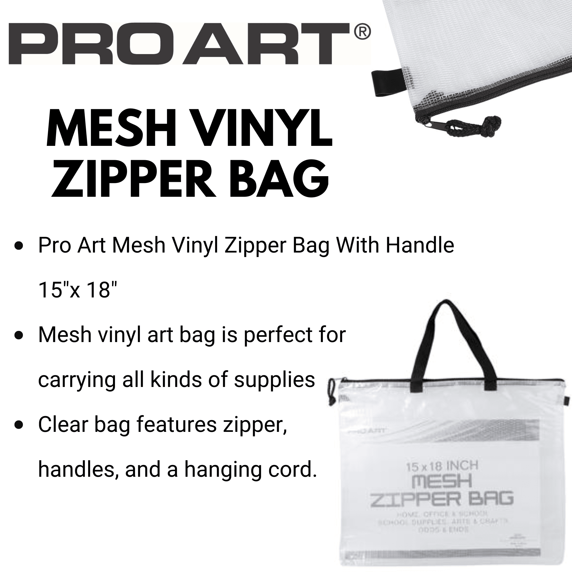 Pro Art Mesh & Vinyl Zipper Bag with Handle 15"x18", Mesh Zipper Pouch Bags, Travel Pouch, Pouches for Organization, Board Game Storage Bags, Pencil Pouch, Bags