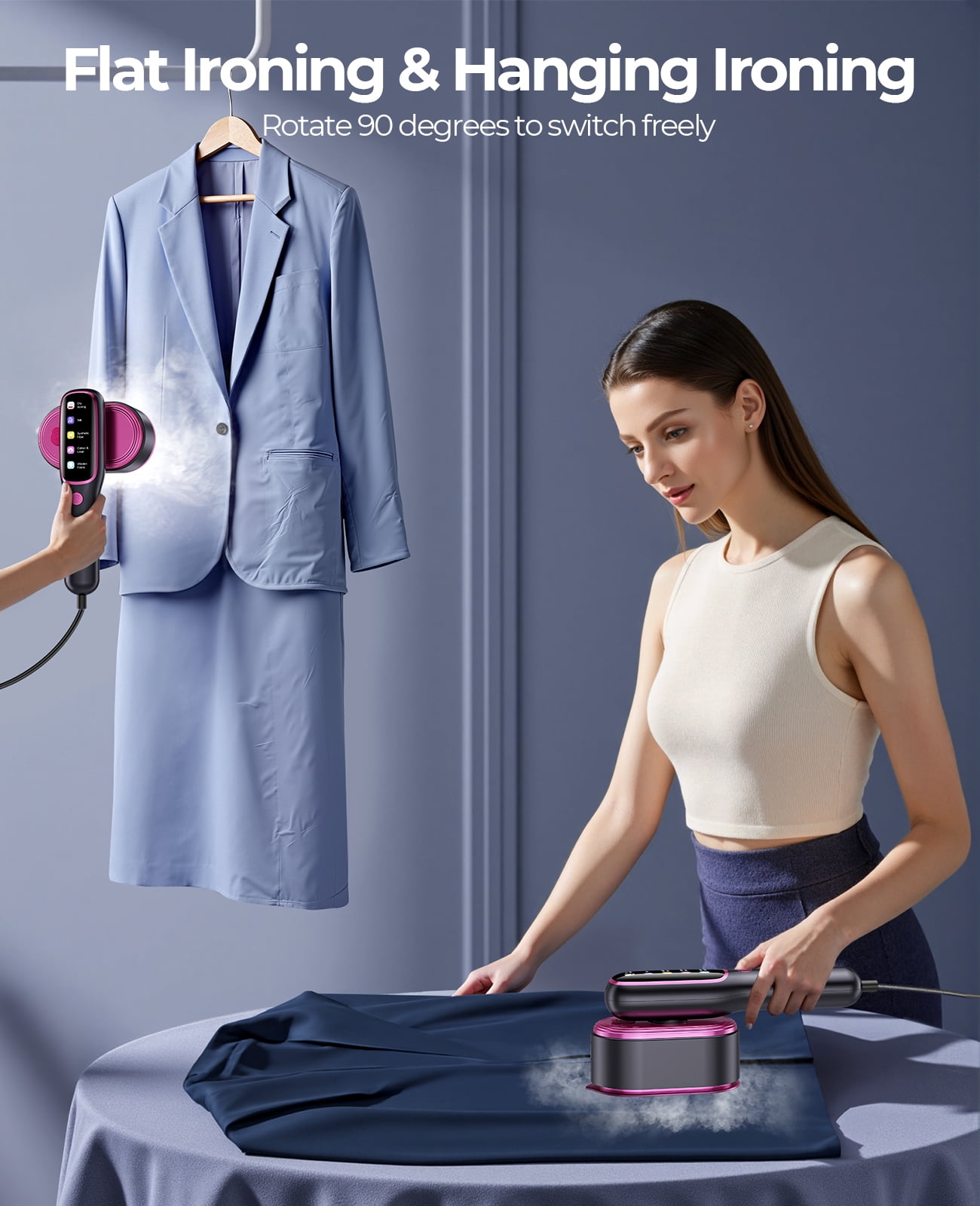 Skdwakiz Handheld Steamer for Clothes, 1200W Portable Home Garment Steamer with 5 Adjustable Steam Levels, LCD Display, and 90° Swivel Handle, Small Clothes Steamer for Home Travel