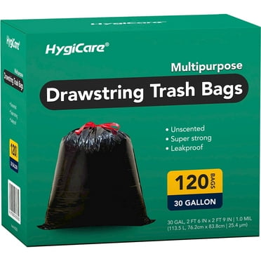 HygiCare 30 Gallon Drawstring Trash Bags, 120ct, Super Strong, Leakproof, Unscented