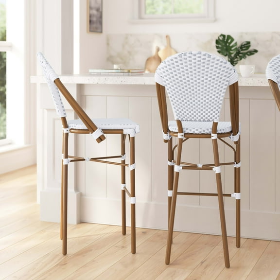 Merrick Lane Set of Two Indoor/Outdoor Stacking French Bistro Bar Stools with White and Gray Patterned Seats and Backs & Bamboo Finished Metal Frames