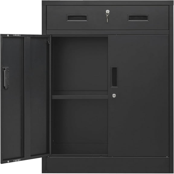 CJF Metal Storage Cabinet, Locking Storage Cabinet with Doors and 1 Drawer, Metal Cabinets for Office/Home/Garage 36.2" H x 28" W x 15.7" D (Black)