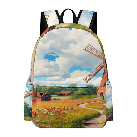 BCIIG Windmill Flowers House Printed Oxford Backpack, Large Capacity Laptop Backpack, Water Resistant, Travel Daypack for College Work Commuting Adults,
