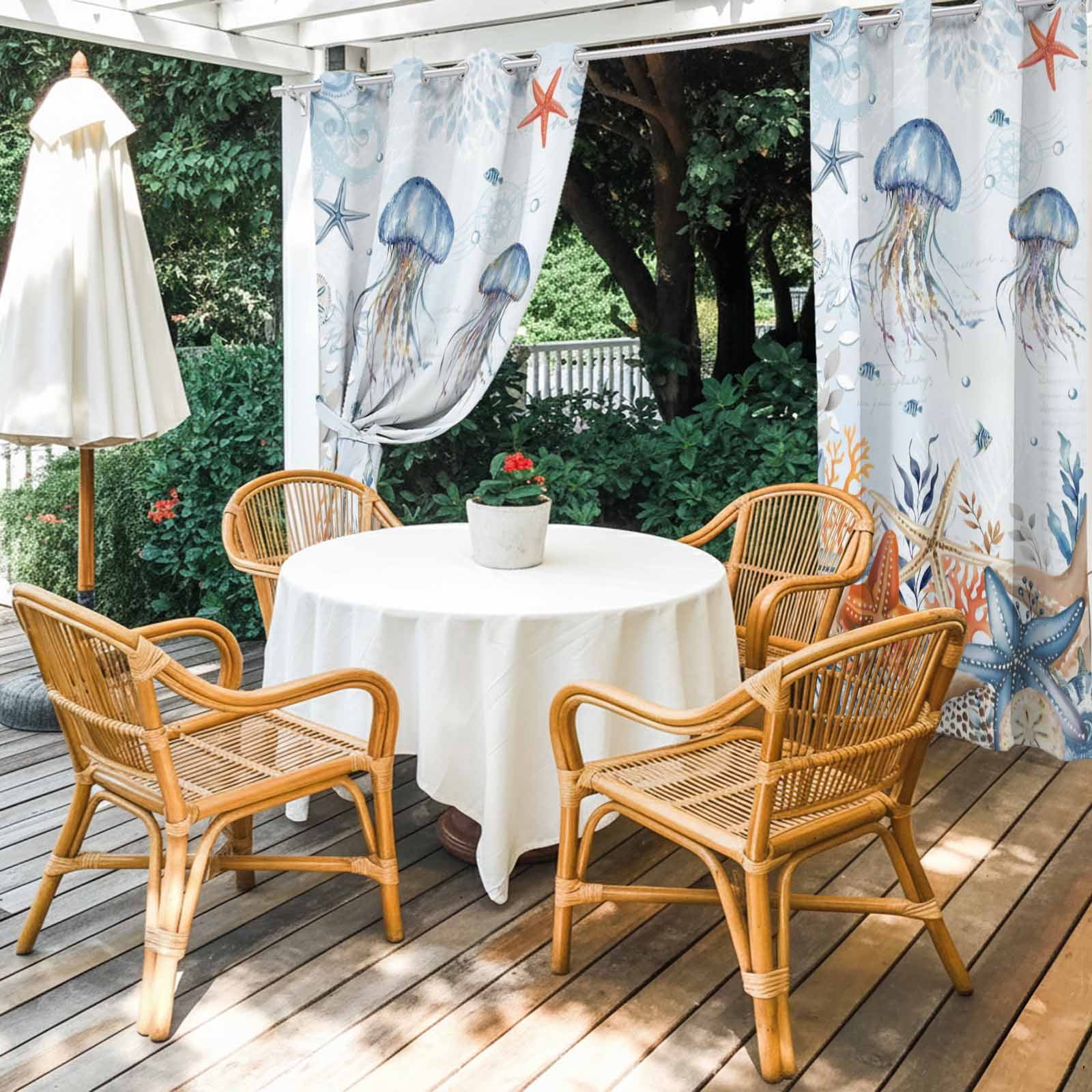 Oceans Marine Life Outdoor Curtains for Patio, Orange Blue Gradient Jellyfish Starfish Sunshade Privacy Drapes Grommet Waterproof Outside Curtains for Porch/Cabana/Balcony 54"x 108", 1 Panel