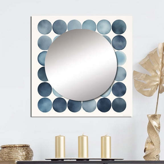 Designart "Universal Grid Circular Aquarelle Retro Blue VI" Modern Geometric Square Mirror For Wall Decor - Large Blue Square Mirror Printed Wall Decor - Modern Square Living Room Mirror