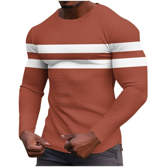 GuangCheng Mens T-Shirts,Striped,Long Sleeve,Thermal,Slim Fit,Breathable,Soft,Stretch,Moisture-Wicking,Textured Knit,Casual Tees,Orange,Size M