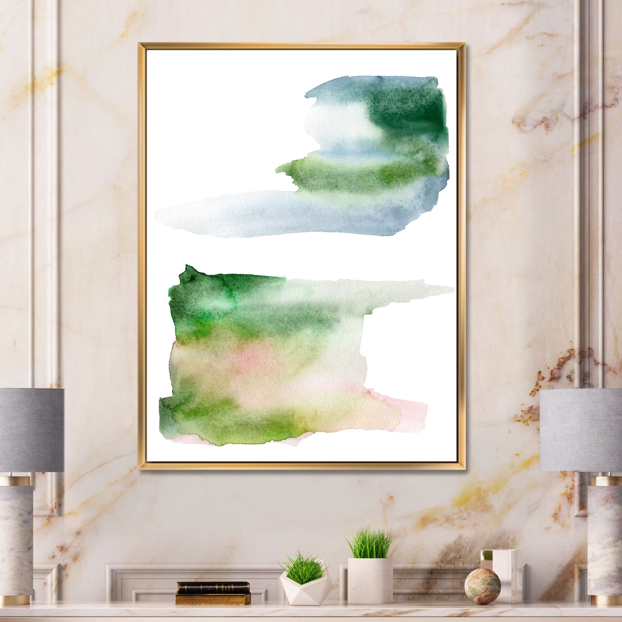 Blue Green and Pink Spots Clouds 16 in x 32 in Framed Painting Canvas Art Print, by Designart