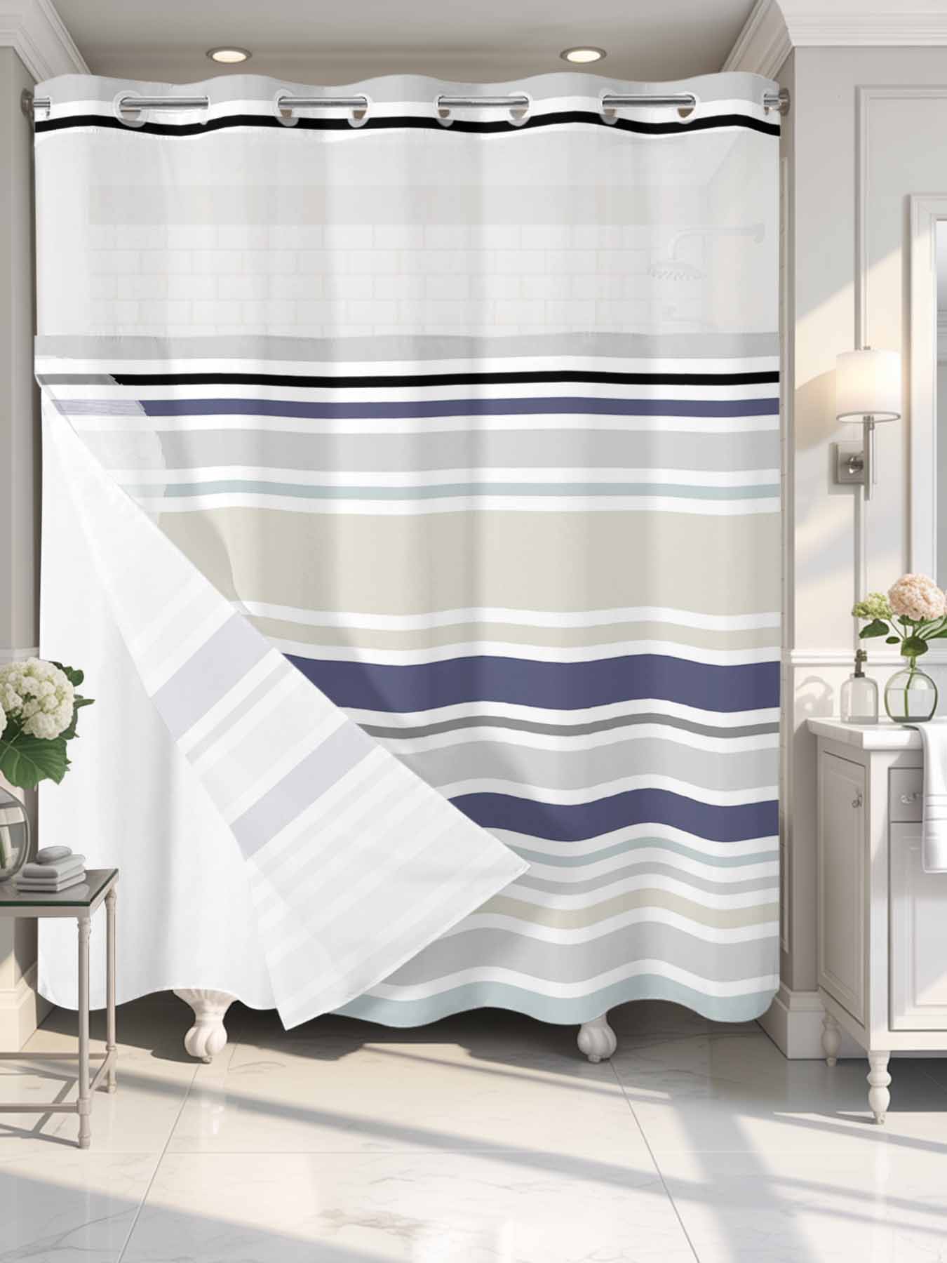 No Hook Shower Curtain with Snap in Liner,Classic Stripes Retro Waterproof Bath Curtain Double Layers with See Through Top Window,Blue Beige White Hotel Shower Curtains 72x72in