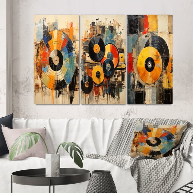 Designart "Vintage Vinyl Records II" Music Wall Art Set Of 3 - Multi-Color Vinyl Records Gallery Wall Set For Home Decor