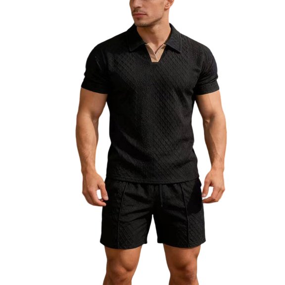 Eryao Men Cruise Outfits Sets Two Piece Short Sleeve V Neck Shirts and Elastic Waist Shorts with Pockets Summer Beach Loungewear,Black,XXL
