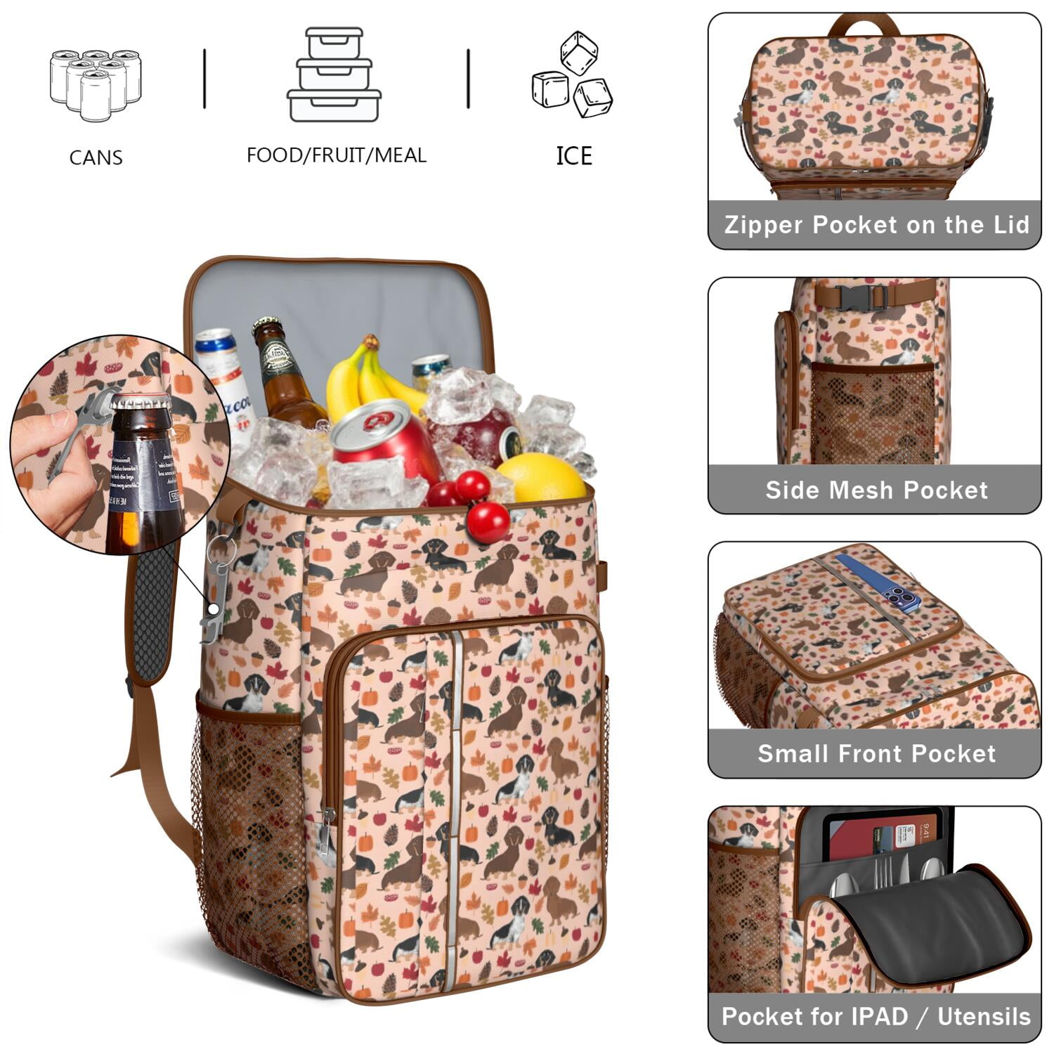 Travel Cooler Bag - Fall Dachshund and Pumpkin Camping Beer Cooler Backpack with Bottle Opener- Waterproof Insulated Picnic Backpacks - Cooler Bag for Beach