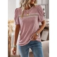 thumbnail image 2 of Slatcetga Women T Shirt Lace Trim Round Neck Short Puff Sleeve Pure Color Casual Lady Pullover Top for Spring Summer Pink M, 2 of 8