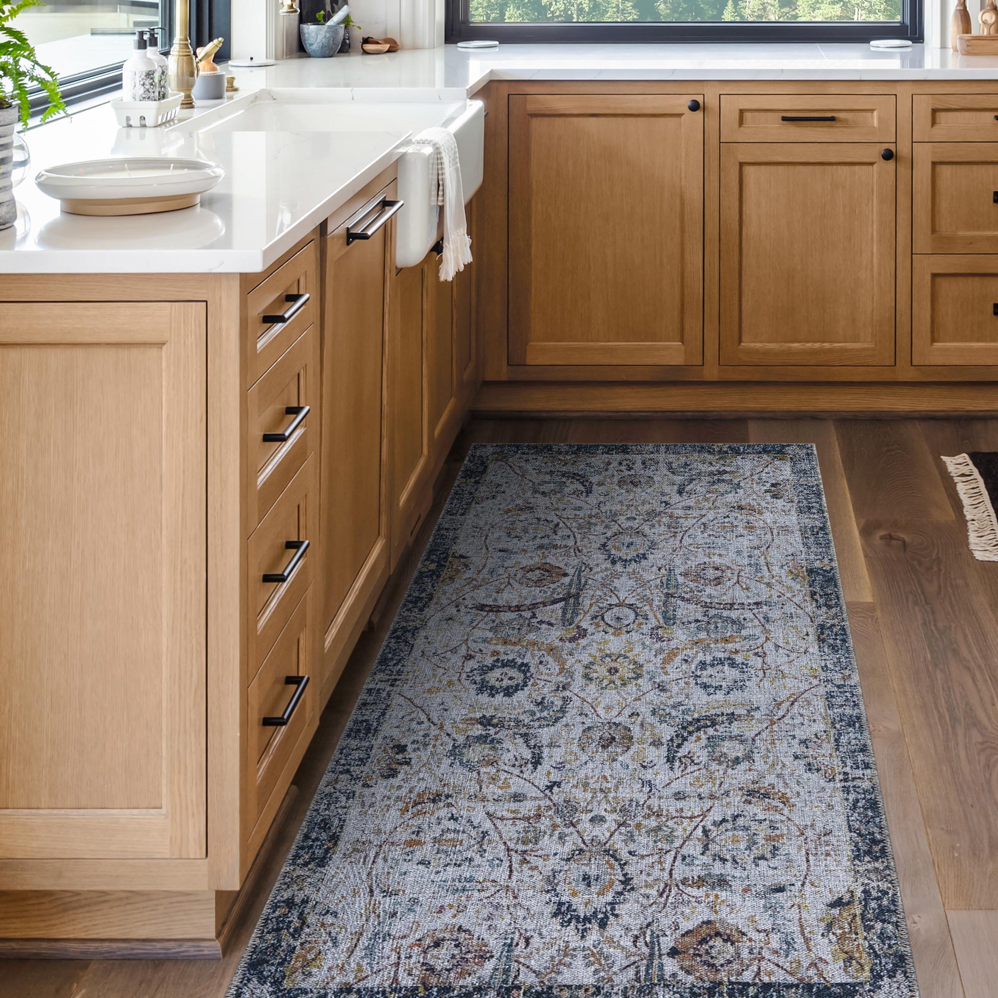 Ottomanson Machine Washable Cotton 3x6 Flatweave Runner Rug for Bedroom, 2'7" x 6', Gray/Blue Floral
