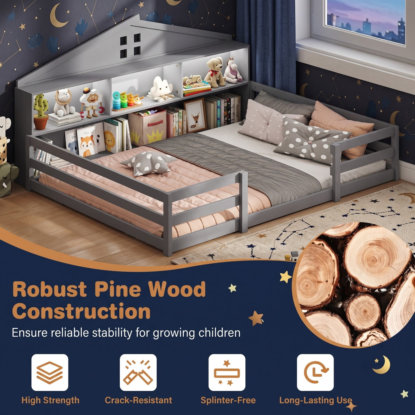Furnibear Full Size Bed Frame Montessori Floor Bed for Kids, House Bed with Storage Headboard Guardrails and LED Lights, Full Bed Frame, Gray